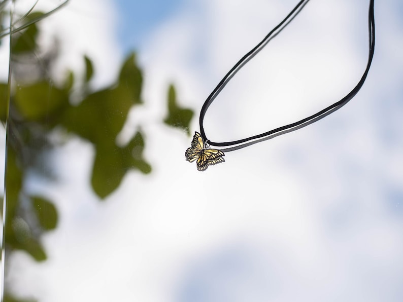 Yellow Glitter Butterfly Necklace Unique Quirky Nature Jewelry Choker Necklace
