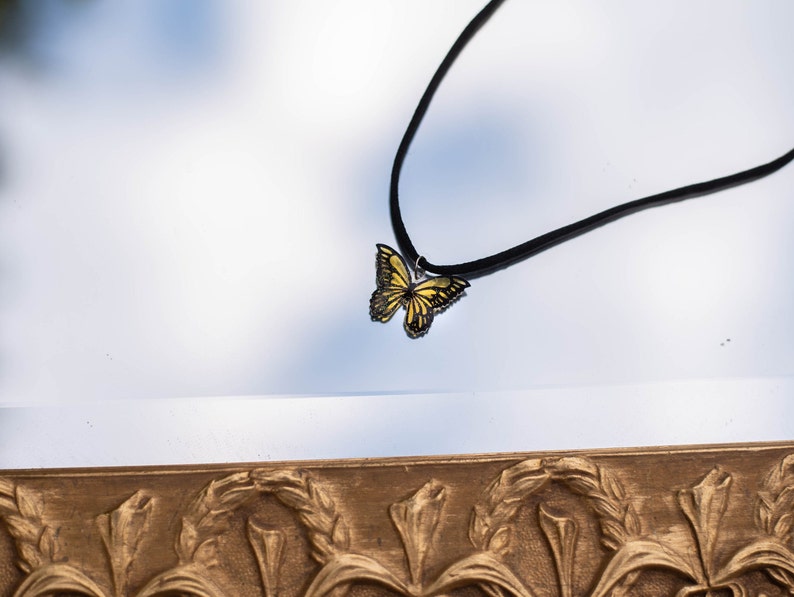 Yellow Glitter Butterfly Necklace Unique Quirky Nature Jewelry Choker Necklace