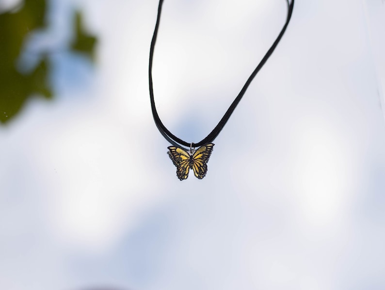 Yellow Glitter Butterfly Necklace Unique Quirky Nature Jewelry Choker Necklace