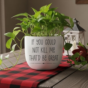 May include: A white ceramic planter with the text "IF YOU COULD NOT KILL ME THAT'D BE GREAT" in black lettering. The planter is filled with green leafy plants and sits on a red and black plaid table runner.