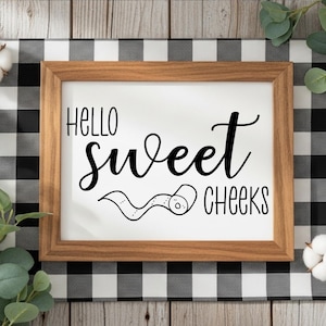 Puede incluir: Un letrero enmarcado en madera con las palabras "Hello Sweet Cheeks" en escritura negra. El letrero está sobre un fondo a cuadros blanco y negro. Tallos de algodón y vegetación rodean el marco.