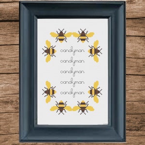 May include: Cross stitch pattern featuring a circle of yellow and brown bees with the text "candyman" repeated five times.