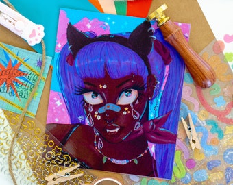 May include: An illustration of a character with dark skin, blue hair, and cat ears, decorated with a plaster and floral details. The image is surrounded by craft supplies, including stickers, a craft knife, and a wax seal stamp.