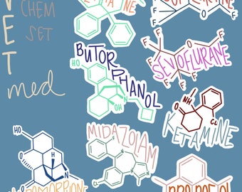 Veterinary Medicine Sticker Set / Vet Med Stickers / Vet Tech Stickers / DVM Stickers / Cat Stickers / Dog Stickers / Anesthesia / Chemistry