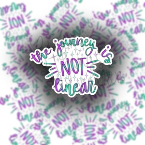 May include: A white sticker with the text "the journey is NOT linear" in a colorful, handwritten font. The words are in shades of purple and teal, with star accents. The background has a blurred pattern of the same text.