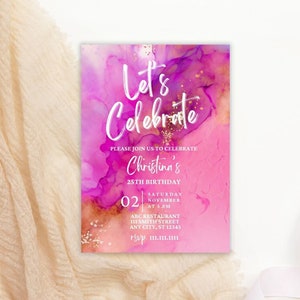 Let&#39;s Celebrate Invitation Template | Instant Download | Editable Canva Template | 5&quot;x7&quot; Pink Birthday Party Invitation | Birthday Dinner