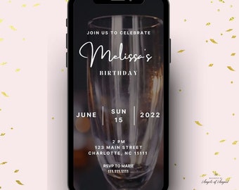 Champagne Birthday Video Invitation | Instant Download | Girls Invitation | Editable Canva Template | Birthday for Her | Cocktails E-vite