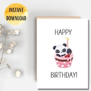 Cartão de feliz aniversário download instantâneo cartão de aniversário panda download digital 5x7 4x6 cartão dobrado para impressão cartão de cupcake fofo
