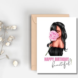 Biglietto bellissimo buon compleanno stampabile / Download istantaneo / Donna capelli neri / Biglietto floreale / Compleanno per lei / Biglietto d'auguri per donna