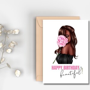 Afdrukbare gelukkige verjaardag mooie kaart | Direct downloaden | Afro-Amerikaanse kaart | Bloemenkaart | Verjaardag voor haar | Womens verjaardagskaart