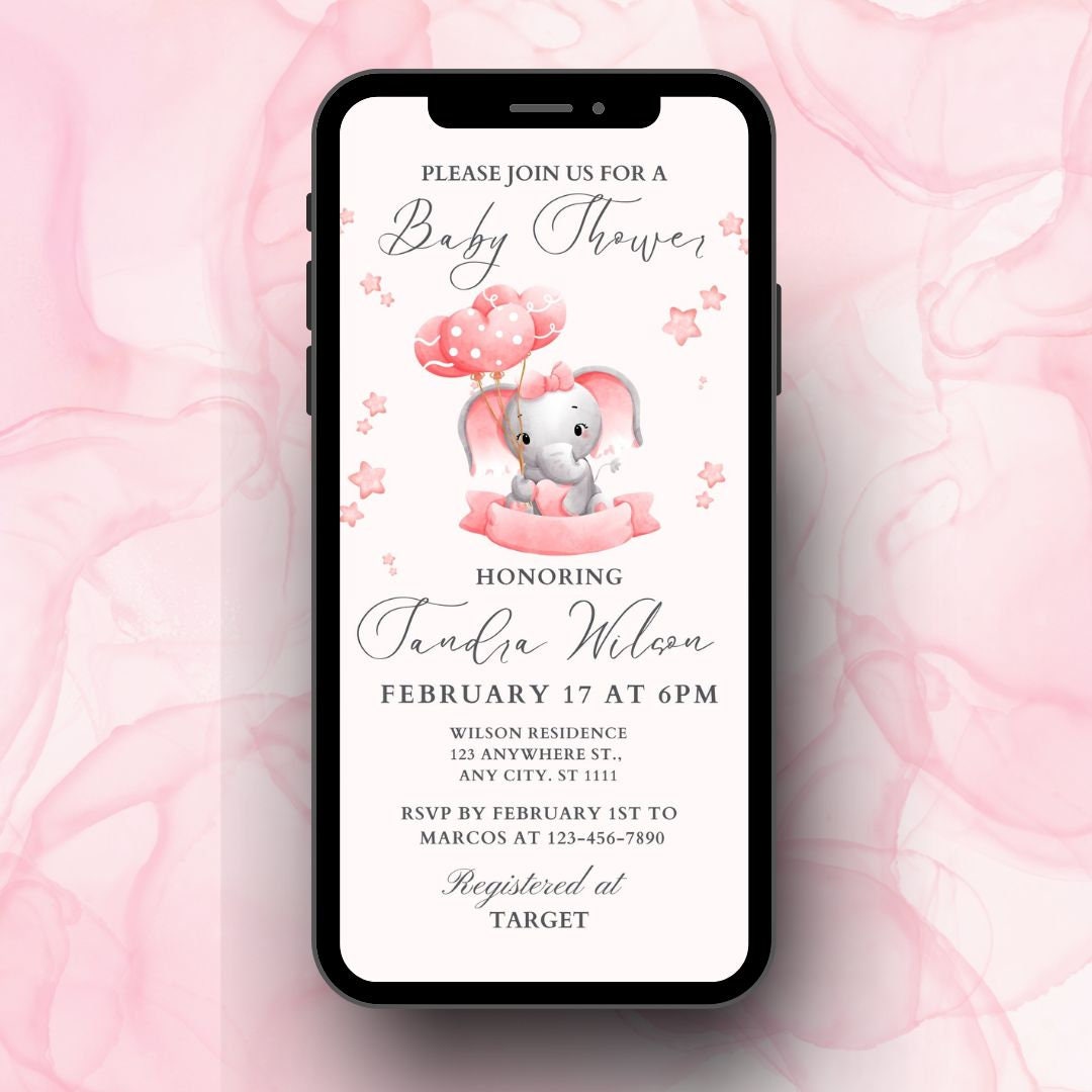 Pink Elephant Baby Shower Digital Invitation | Editable Canva Template ...
