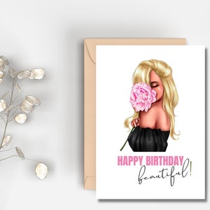 Biglietto di buon compleanno stampabile / Download istantaneo / Donna bionda / Biglietto floreale / Compleanno per lei / Biglietto di compleanno per donna