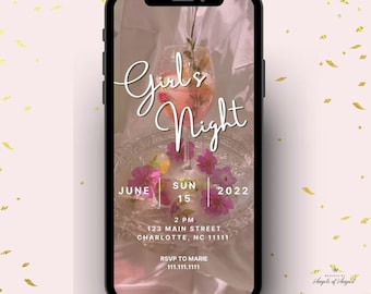 Girls Night Video Invitation | Instant Download | Dinner Party | Editable Canva Template | E-vite Cocktails Invitation | Floral Invitation