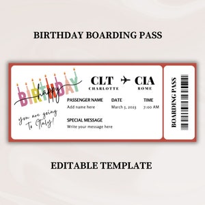 Bordkarte zum Geburtstag | Bordkarte Vorlage | Bearbeitbares Flugticket | Überraschungsreise Urlaub Printable | Geburtstagsreise