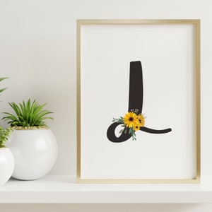 Letra preta L do girassol Pôsteres de <br> Entrega Rápida? Primeira Inicial | Decoração de parede de berçário monograma | Flores em aquarela | Sinal de carta inicial do evento | Amarelo