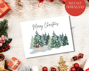 Cartão de Feliz Natal imprimível | Download instantâneo | Cartão de Natal da aquarela | Download digital | árvore de Natal Cartão Comemorativo | Cartão da Montanha