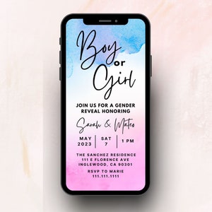 Boy Or Girl Gender Reveal Digital Invitation | Canva Template | Pink or Blue Invite | Watercolor Invitation | He Or She Reveal Party Evite