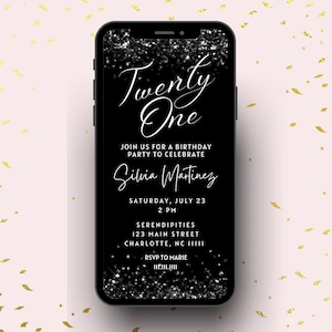 21 Birthday Digital Invitation | Editable Canva Template | Instant Download | Dinner Party Invite | 21st Black Glitter Birthday Invitation