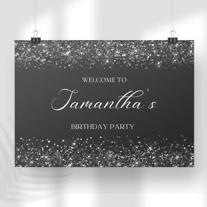 Printable Birthday Party Sign Instant Download Black Silver Glitter ...