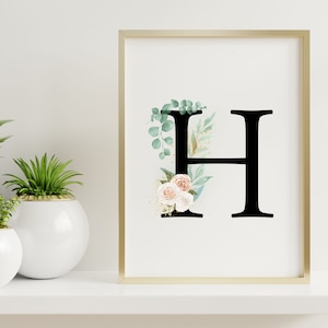 Eucalipto Floral Negro Letra H Impresión / Primera Inicial / Monograma Nursery Decoración de pared / Acuarela Flores / Evento Inicial Letra Signo /