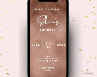 May include: A digital invitation for a birthday party. The invitation is on a brown background with gold confetti. The text on the invitation reads "Join us to celebrate Silvia's Birthday, June 15, 2022, 2 PM, 123 Main Street, Charlotte, NC 11111, RSVP to Marie 111.111.1111".