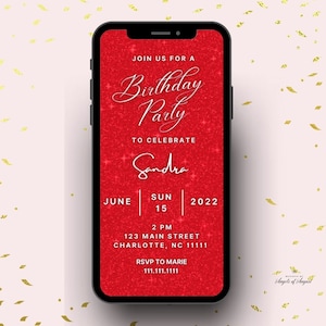 Red Glitter Birthday Animated Video Invitation | Instant Download | Editable Canva Template | Birthday For Her | Girls Night Party E-vite