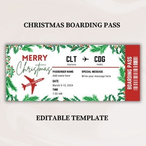 Carte d'embarquement de Noël | Voyage surprise | Modèle de carte d'embarquement | Billet d'avion modifiable | Vacances surprises à imprimer | Voyage de Noël |