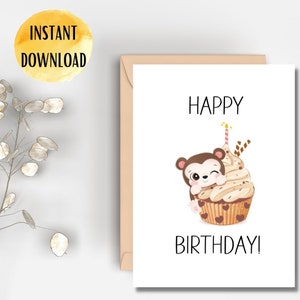 Happy Birthday Card Instant Download Monkey Birthday Card Digital Download 5x7 4x6 Folded Card Printable Cute Cupcake Card Birthday For Her