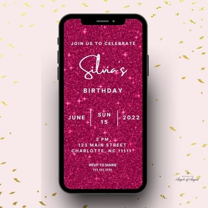 Hot Pink Glitter Video Birthday Invitation Template Editable Sparkly Invitation Instant Download Template Canva Template Birthday for Her