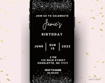 Convite de prata preto de Digitas da festa de aniversário de <br> Entrega Rápida? Modelo editável | Download instantâneo | Modelo Canva | Aniversário para ela Evite