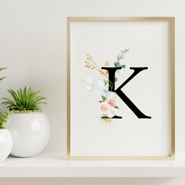 Floral Eucalyptus Black Letter K Print | First Initial | Monogram Nursery Wall Decor | Watercolor Flowers | Event Initial Letter Sign |