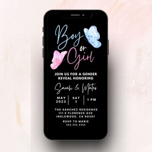 Ragazzo o ragazza rivelano il genere dell'invito digitale / modello Canva / invito rosa o blu / invito a farfalla / lui o lei rivelano l'invito alla festa