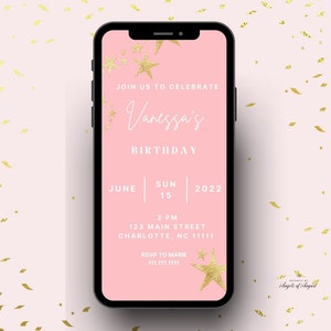 Pink Gold Stars Birthday Digital Invitation Editable Template Instant Download Girls Invitation Canva Template Birthday Her Evite