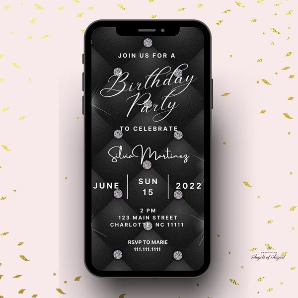 Black Tufted Digital Invitation | Instant Download | Girl Invitation | Editable Canva Template | Birthday For Her | Diamonds Birthday