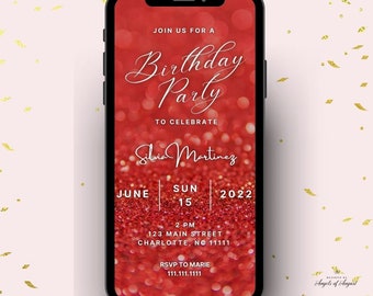 Rode Glitter Confetti digitale verjaardagsuitnodiging | Bewerkbare sjabloon | Canva-sjabloon direct downloaden | Verjaardag voor haar | Verjaardag E-vite