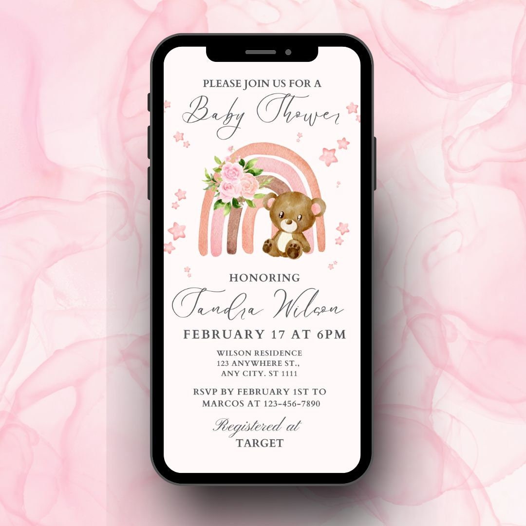 Pink Teddy Bear Baby Shower Digital Invitation | Editable Canva ...