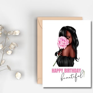 Druckbare Happy Birthday Schöne Karte | Sofort Download | Afroamerikaner Karte | Blumenkarte | Geburtstag für Sie | Geburtstagskarte für Frauen