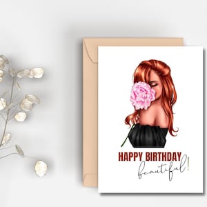 Afdrukbare gelukkige verjaardag mooie kaart | Direct downloaden | Rood hoofd verjaardagskaart | Bloemenkaart | Verjaardag voor haar | Womens verjaardagskaart