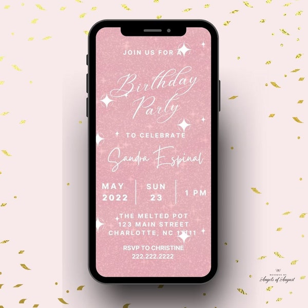 Pink Glitter Birthday Animated Video Invitation | Instant Download | Editable Canva Template | Birthday For Her | Girls Night Party E-vite