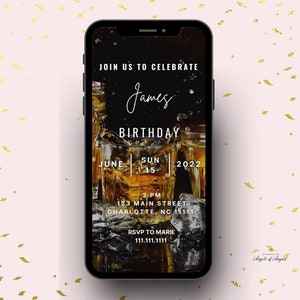 Whiskey Birthday Digital Invitation | Editable Template | Instant Download Canva Template | Birthday for Him Her Cocktail Birthday E-vite |