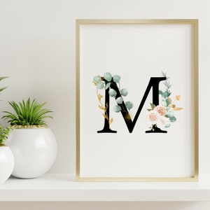 Eucalipto Floral Letra Negra Letra M Impresión / Primera Inicial / Monograma Nursery Decoración de pared / Acuarela Flores / Evento Signo de la Letra Inicial /