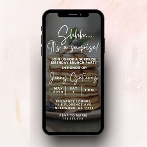 It&#39;s A Surprise Digitale Einladung | Bearbeitbares Canva Template | Sofort Download | Pfannkuchen Party Invite | Brunch Geburtstagsparty Evite |