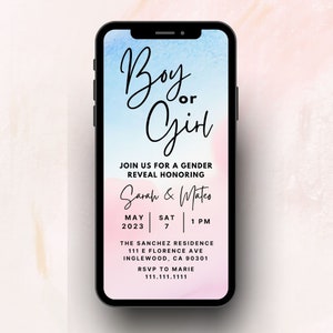 Boy Or Girl Gender Reveal Digital Invitation | Canva Template | Pink or Blue Invite | Watercolor Invitation | He Or She Reveal Party Evite