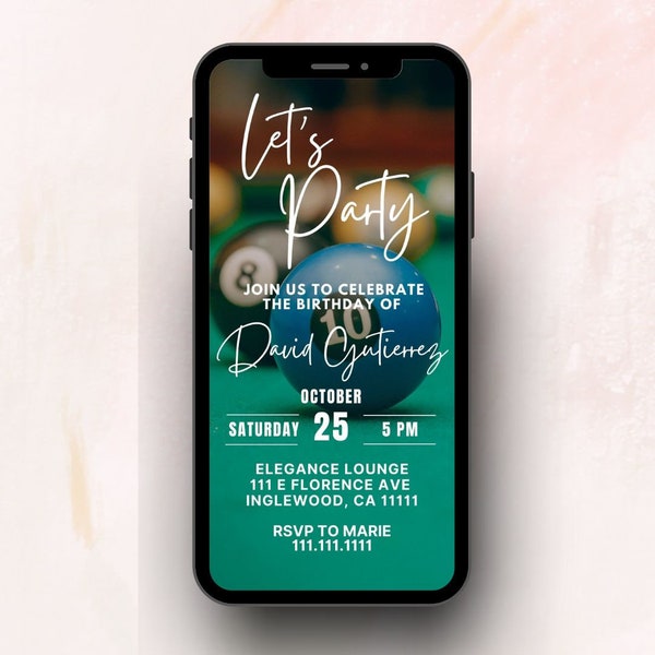 Pool Table Birthday Party Digital Invitation | Editable Canva Template | Bar Birthday Invitation | Billiards Party Invite | Birthday E-vite