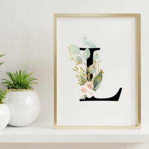 Letra preta L do eucalipto floral impressão de <br> Crie Seu Próprio Produto! Primeira Inicial | Decoração de parede de berçário monograma | Flores em aquarela | Sinal de carta inicial do evento |