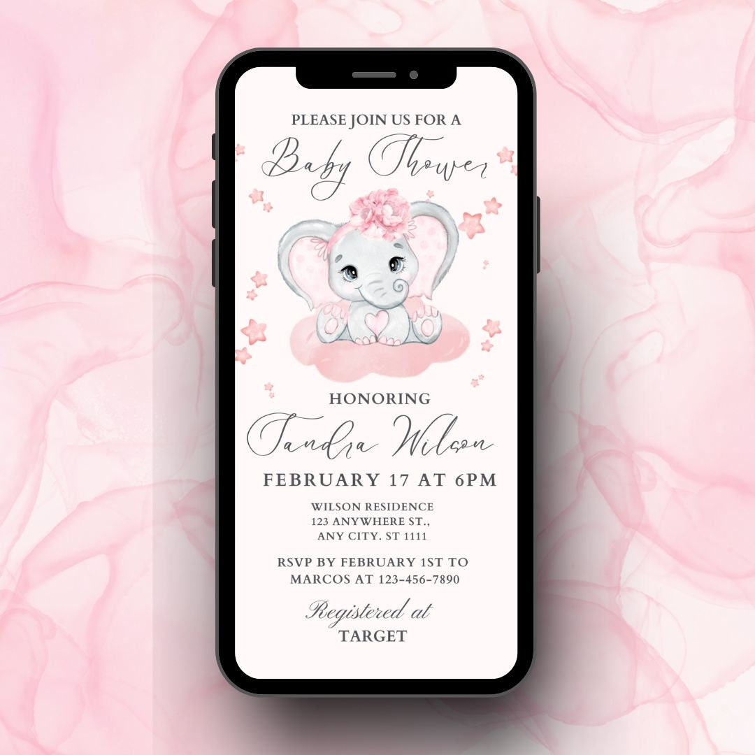 Pink Elephant Baby Shower Digital Invitation | Editable Canva Template ...