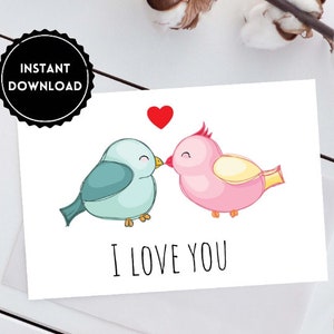 Je t'aime carte Téléchargement instantané amour oiseaux carte téléchargement numérique 5 x 7 plié Saint Valentin carte anniversaire carte Couples carte imprimable