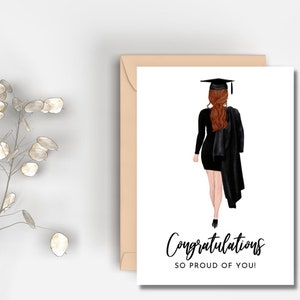 Carte de graduation de félicitations imprimable | Téléchargement instantané | Carte de fin d'études 2022 | Cadeau de fin d'études | Casquette et carte de robe | Cheveux roux