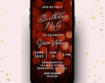 Invito digitale di compleanno con luci rosse e nere / Modello Canva modificabile / Download istantaneo / Invito a una cena / Compleanno per lui e lei