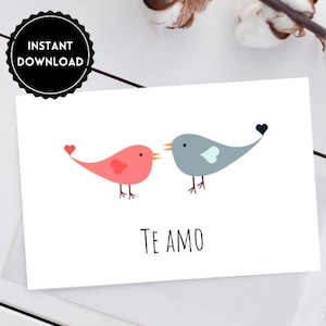 Te Amo Tarjeta Sofortiger Download Liebe Vögel Karte Digital Download 5 x 7 Gefaltet Valentinstag Karte Jahrestag Karte Paare Karte druckbare Spanisch